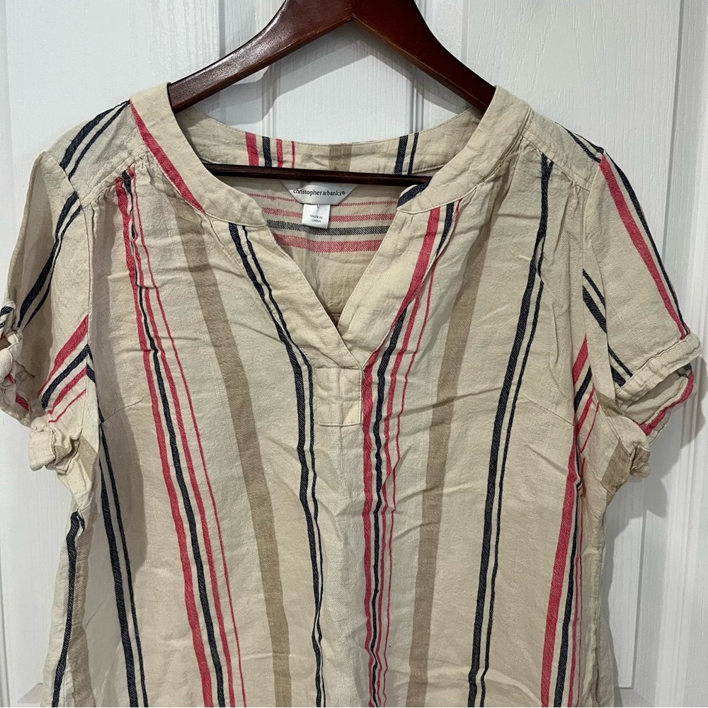 Christopher & Banks Boho Striped Cream Top Blouse Shirt Bow Tie Up Sleeve Arts L - Picture 6 of 7
